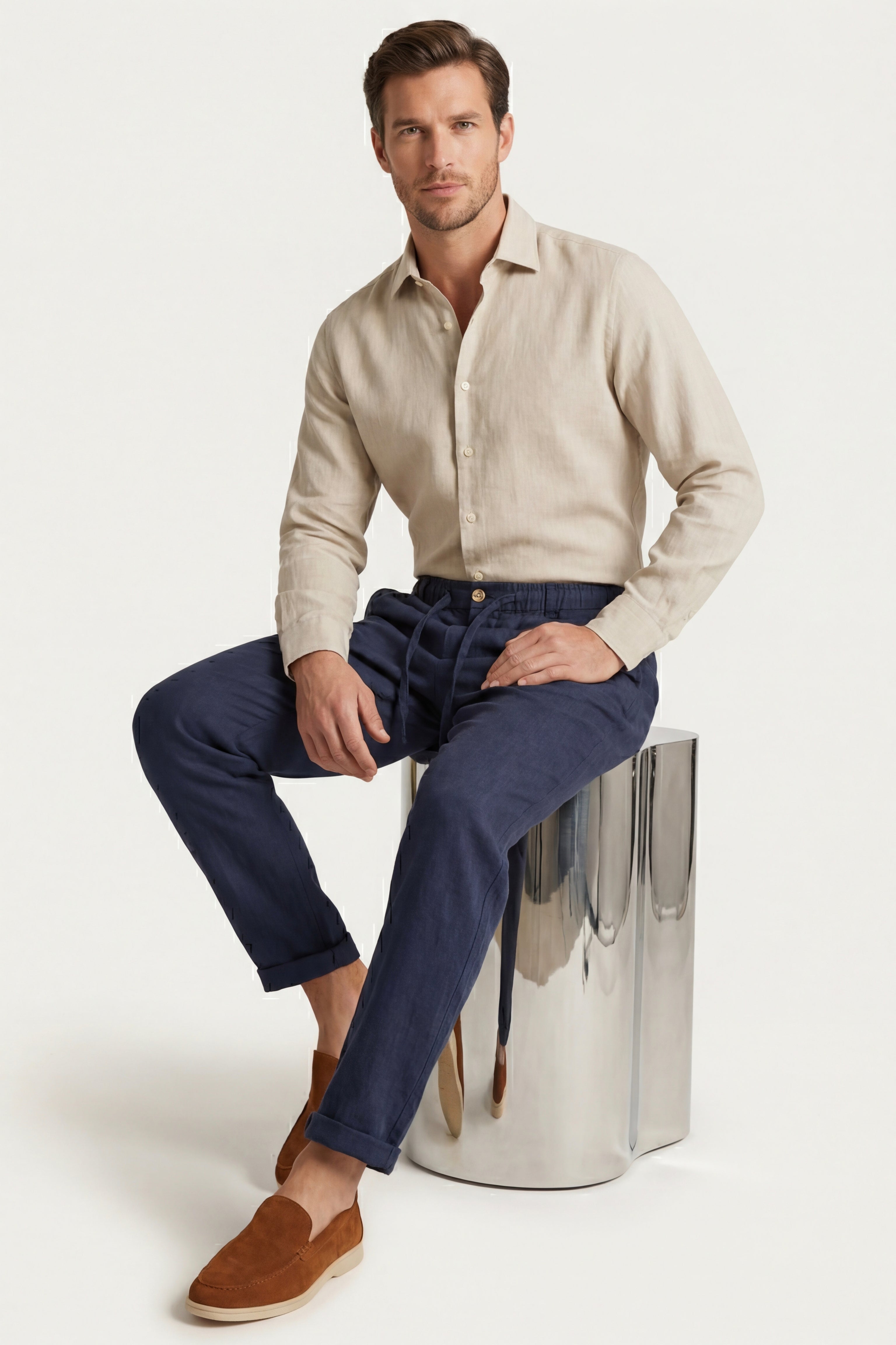 Carrara Linen Drawstring Trousers Navy