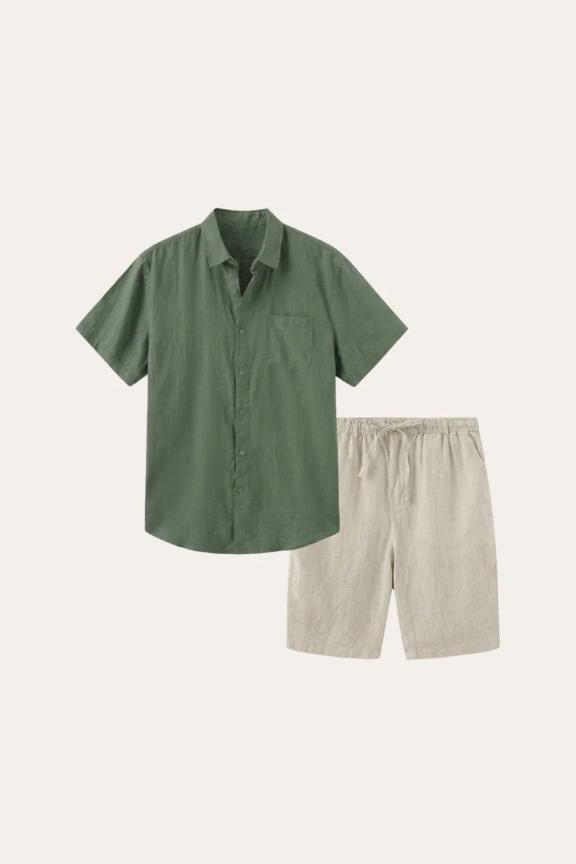 Verona Linen Shirt & Shorts Green/Beige