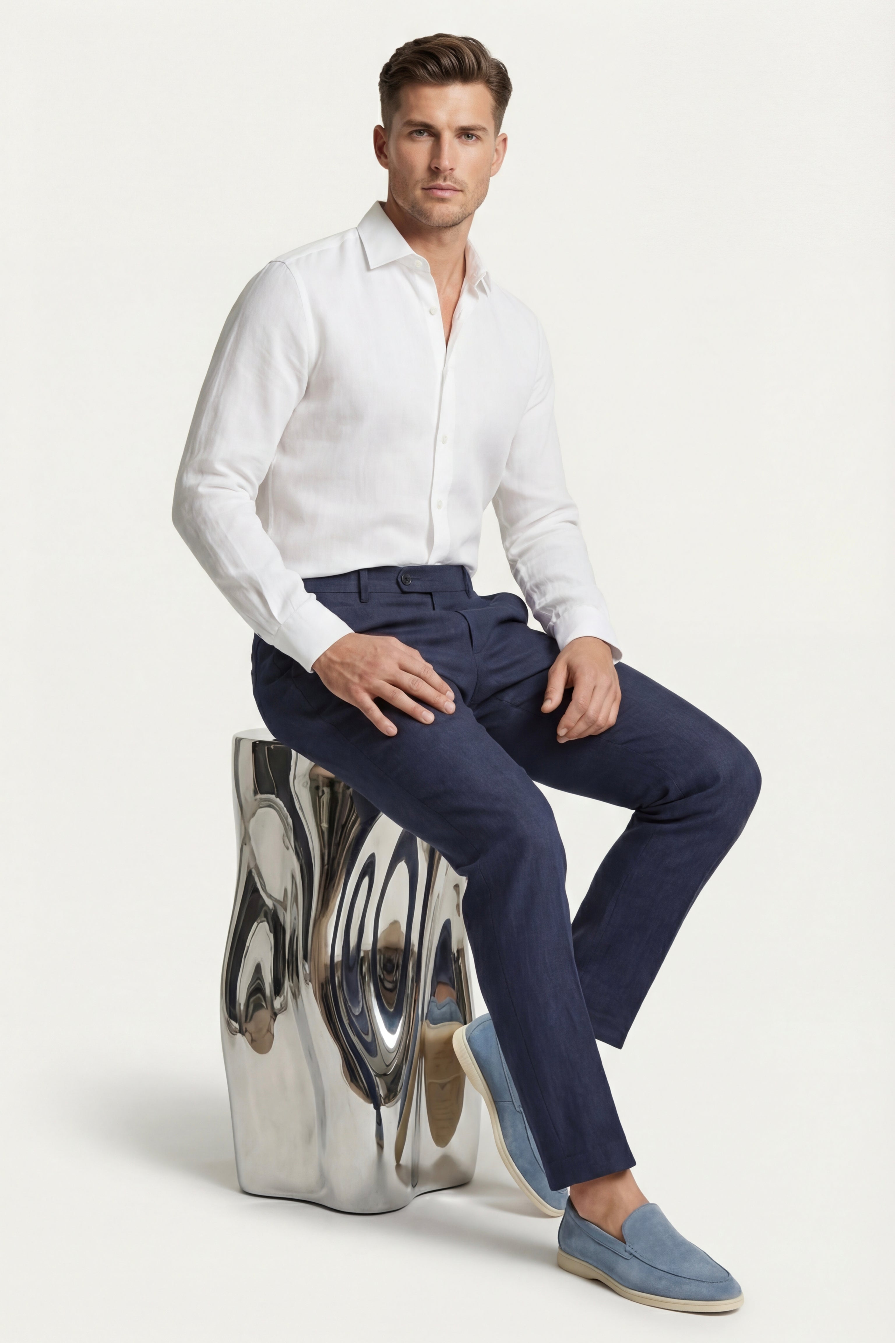 Cortona Linen Straight Trousers Navy